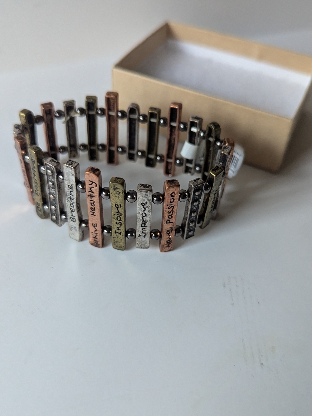 Multi-Tone Inspirational Bar Stretch Bracelet - Silver, Gold & Copper